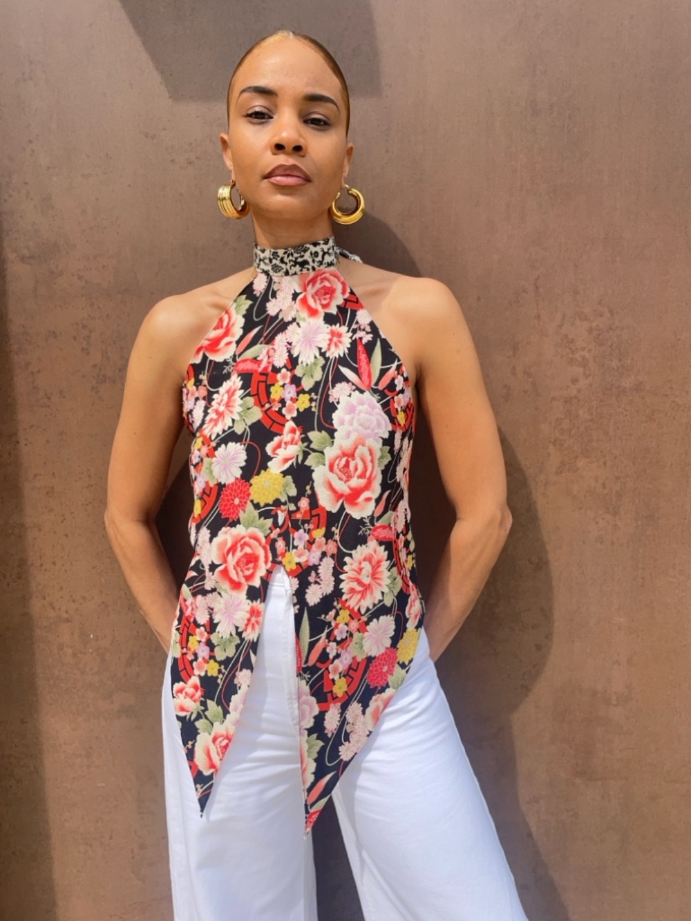 Floral Halter Neck Top - Black Floral